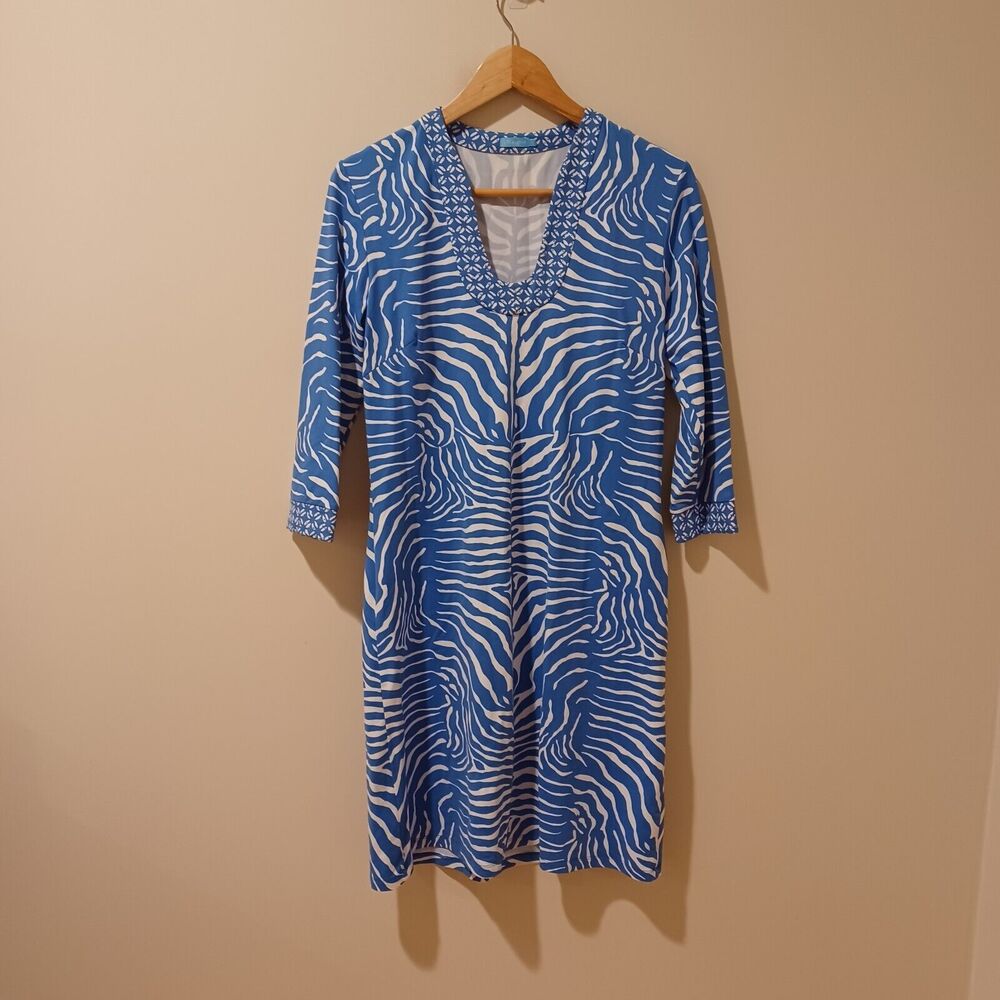 J. McLaughlin Blue and White Zebra Print V-Neck Dress
